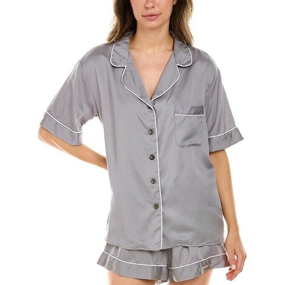 Ettitude‎ Sateen Short Sleeve PJ Shirt Clean Bamboo Button Front Gray Medium NEW